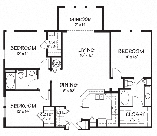 Floor plan for 3 beds, 2 baths, 1435 sqft